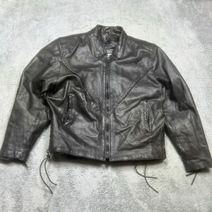 Vintage Barney's Leather Jacket Womens 2XL Black Motorcycle Biker Fringe Lacing